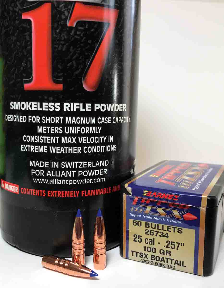 A case nearly full of Reloder 17 pushes Barnes 100-grain bullets at more than 3,400 fps.